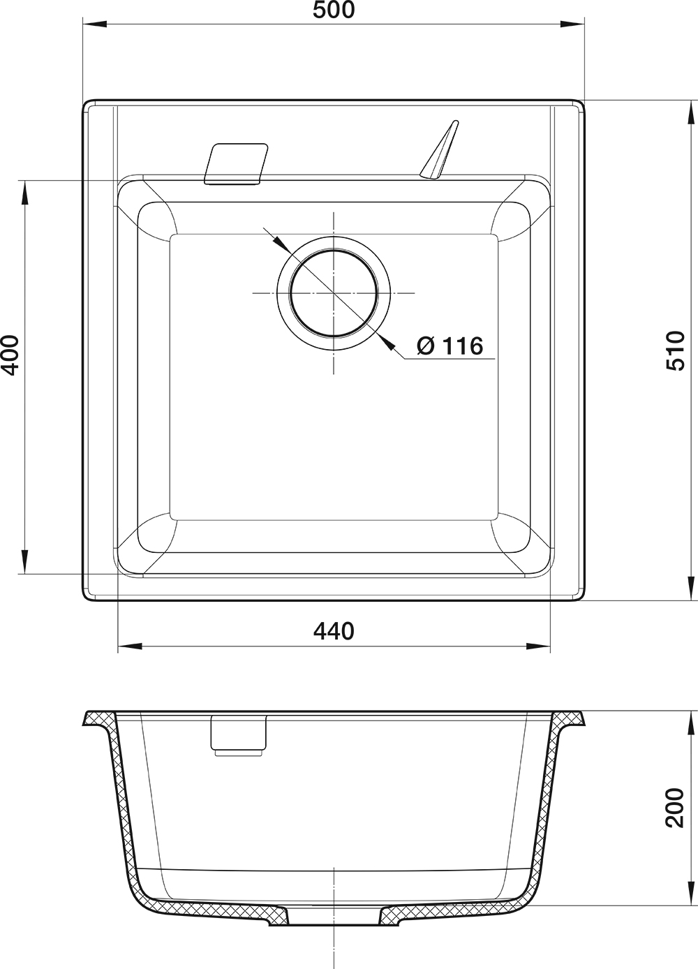 RIVELATO Мойка RAUM 50 1-чаш 510*510 grigio metallizzato П/ЗАКАЗ