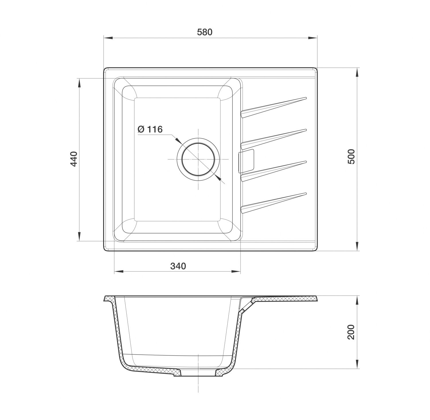 RIVELATO Мойка RAUM 58 1-чаш 580*500 grigio metallizzato П/ЗАКАЗ